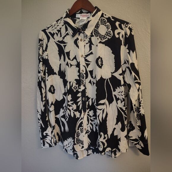 Cklass Fashionline Black Ivory Floral Long Sleeve Blouse Size Medium - Picture 4 of 13